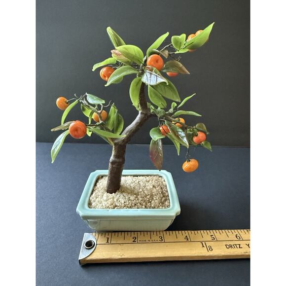 Vintage Jade Agate Glass Bonsai Tree ~ Midcentury Chinese  Vintage Glass Bonsai Tree Jade Green Leaves Oranges Asian Celadon Pot